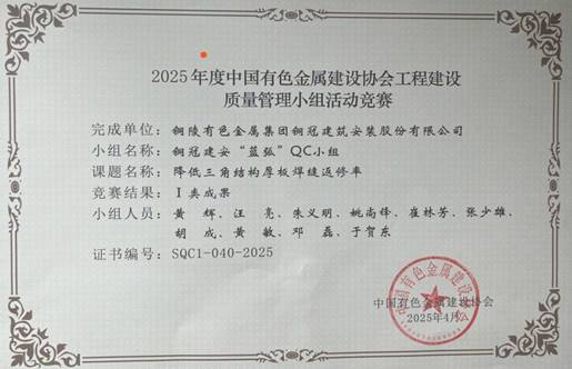公司QC成果喜獲有色金屬建設行業(yè)獎